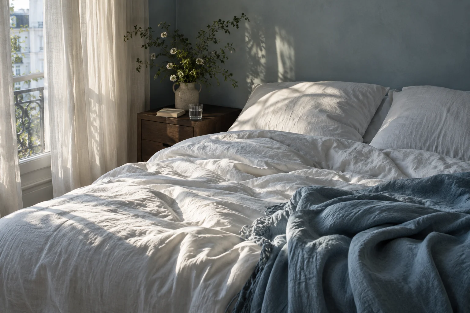 Morning light falls across white linen and a soft blue throw in a quiet bedroom