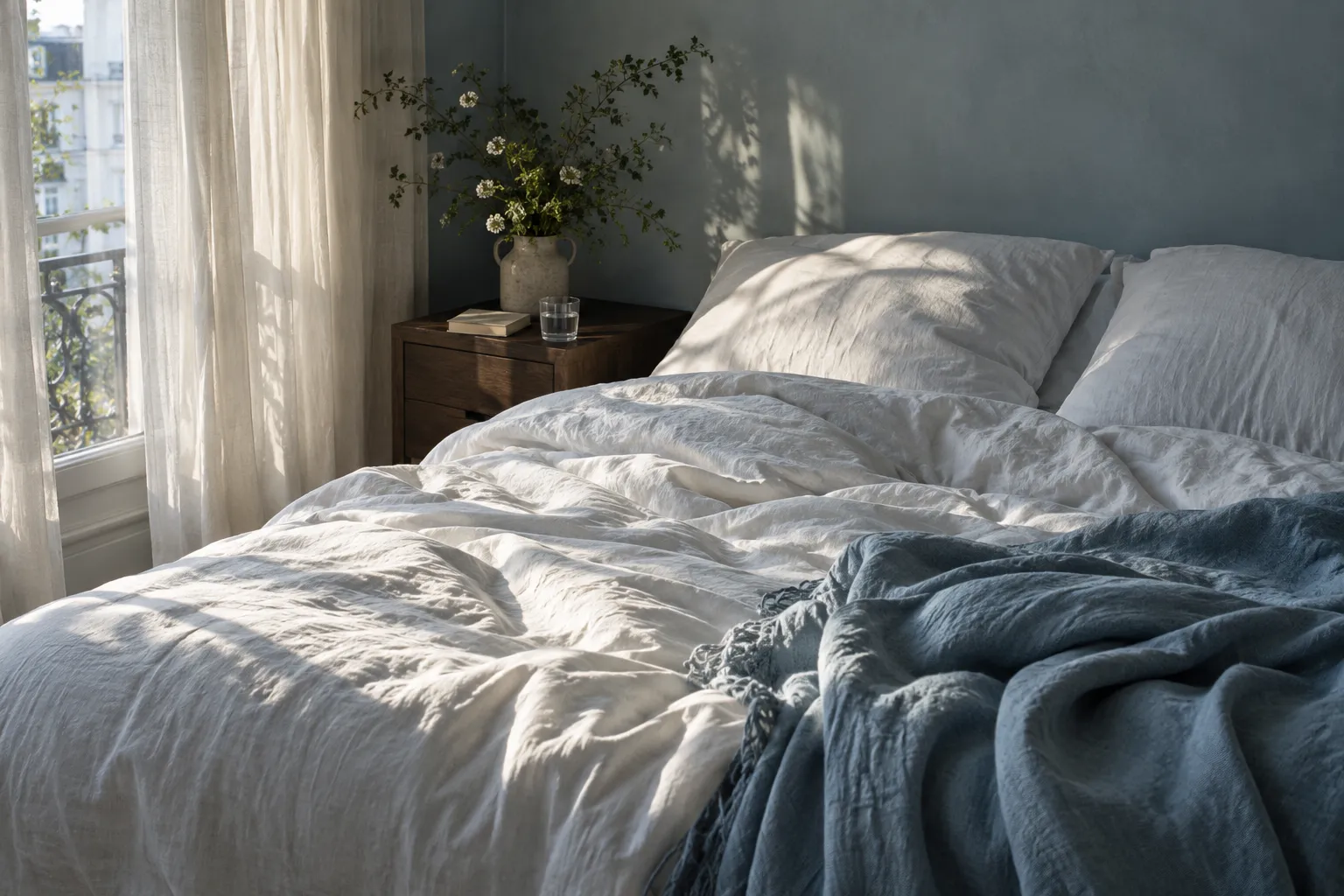 A quiet bedroom with white bedding